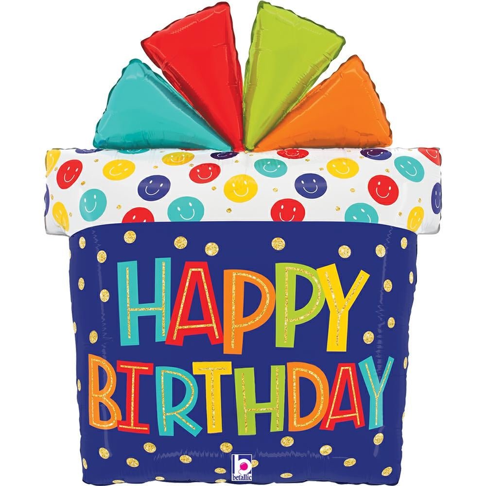 XL Geschenk mit Smiley Happy Birthday Ballon (mit Helium gefüllt) - Supershape helium