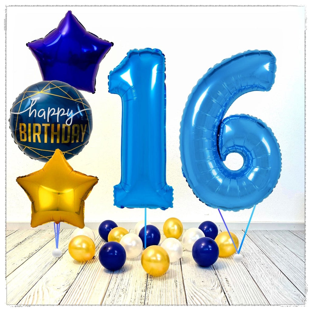 Zahlen Ballon Birthday Blau 16 Bouquet (mit Helium gefüllt) - Zahlen Ballon blau Bouquet