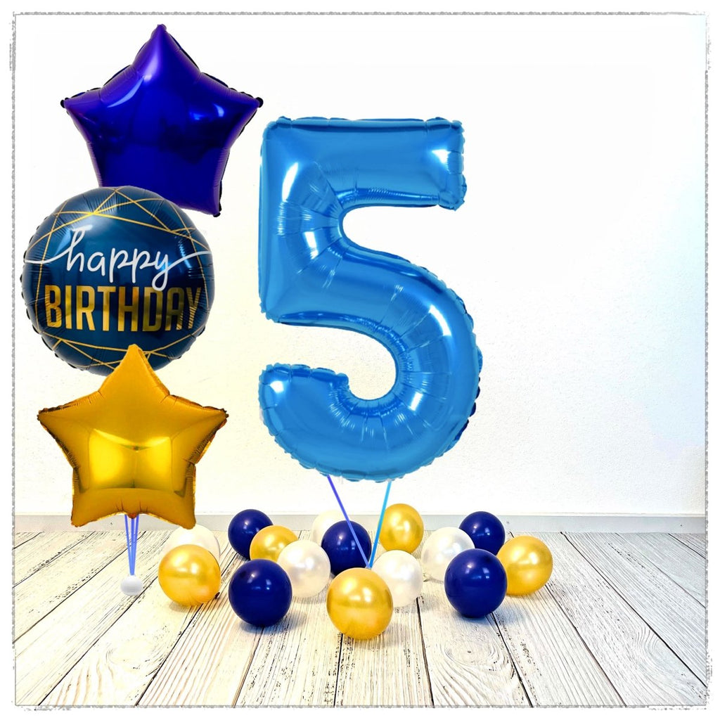 Zahlen Ballon Birthday Blau 5 Bouquet (mit Helium gefüllt) - Zahlen Ballon blau Bouquet