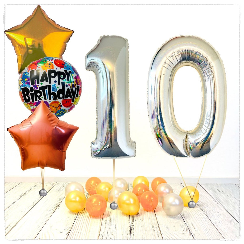 Zahlen Ballon Birthday holographisch silber 10 Bouquet (mit Helium gefüllt) - Zahlen Ballon silber Bouquet