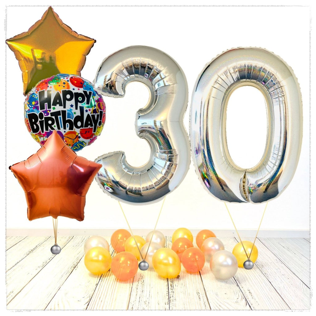 Zahlen Ballon Birthday holographisch silber 30 Bouquet (mit Helium gefüllt) - Zahlen Ballon silber Bouquet