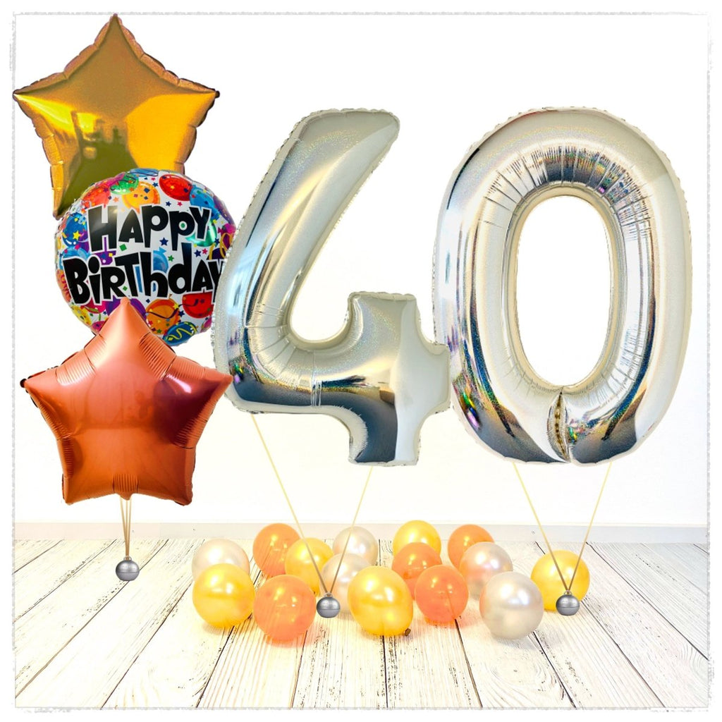 Zahlen Ballon Birthday holographisch silber 40 Bouquet (mit Helium gefüllt) - Zahlen Ballon silber Bouquet