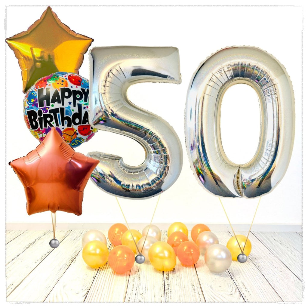 Zahlen Ballon Birthday holographisch silber 50 Bouquet (mit Helium gefüllt) - Zahlen Ballon silber Bouquet