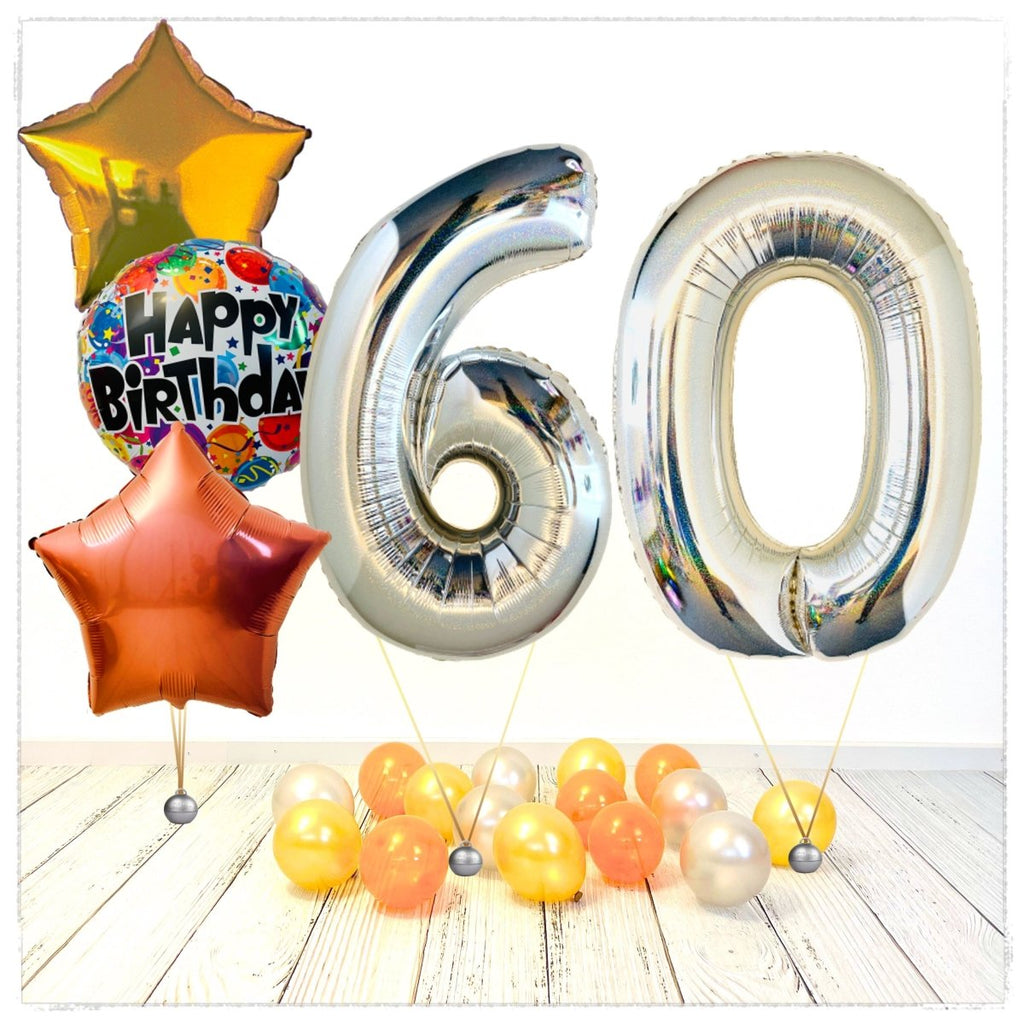 Zahlen Ballon Birthday holographisch silber 60 Bouquet (mit Helium gefüllt) - Zahlen Ballon silber Bouquet