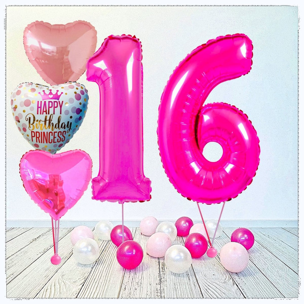Zahlen Ballon Birthday Princess pink 16 Bouquet (mit Helium gefüllt) - Zahlen Ballon pink Bouquet