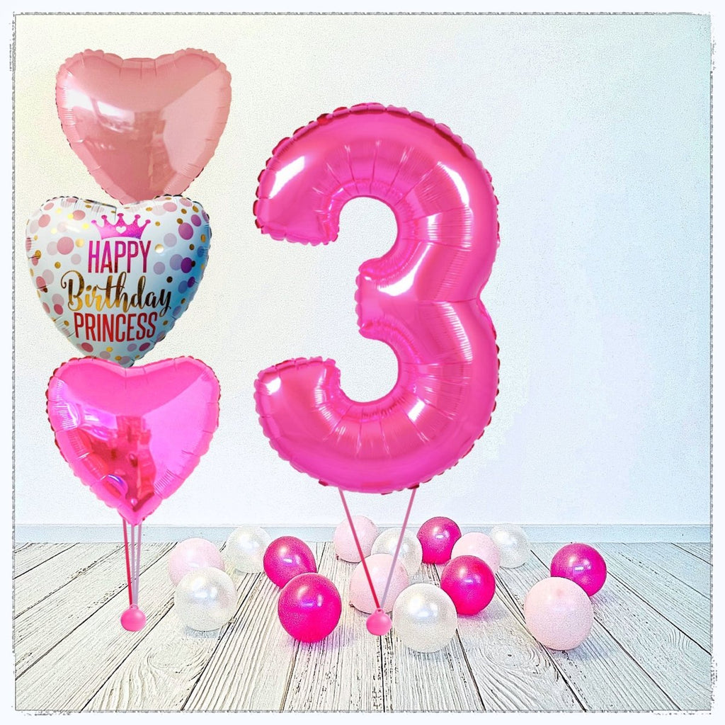 Zahlen Ballon Birthday Princess pink 3 Bouquet (mit Helium gefüllt) - Zahlen Ballon pink Bouquet