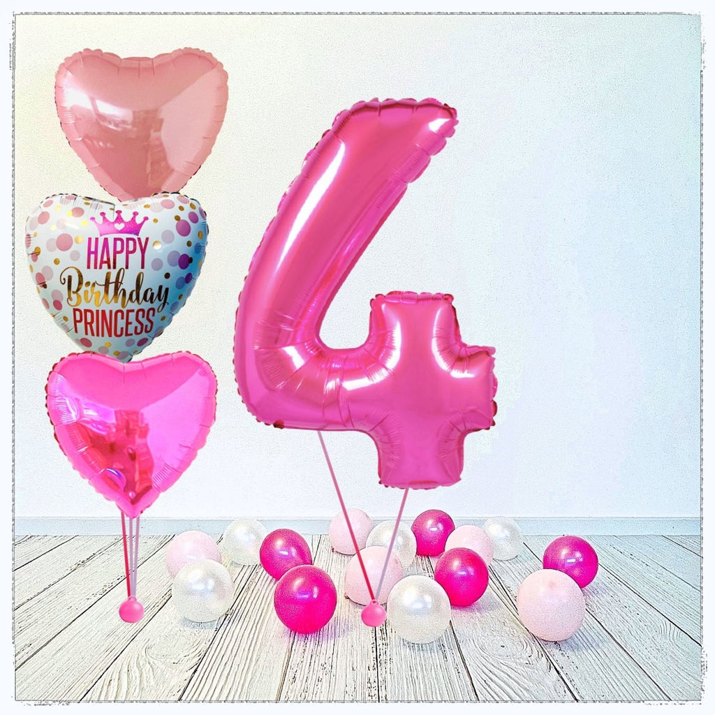 Zahlen Ballon Birthday Princess pink 4 Bouquet (mit Helium gefüllt) - Zahlen Ballon pink Bouquet