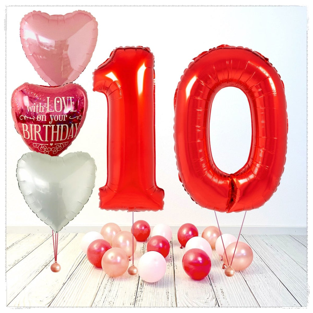 Zahlen Ballon Birthday with Love rot 10 Bouquet (mit Helium gefüllt) - Zahlen Ballon rot Bouquet