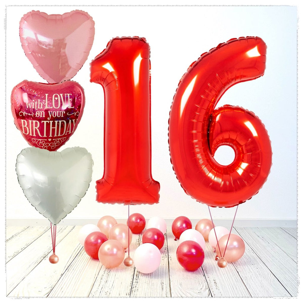 Zahlen Ballon Birthday with Love rot 16 Bouquet (mit Helium gefüllt) - Zahlen Ballon rot Bouquet