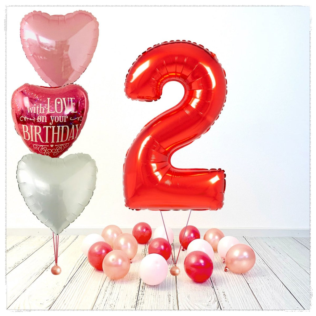 Zahlen Ballon Birthday with Love rot 2 Bouquet (mit Helium gefüllt) - Zahlen Ballon rot Bouquet