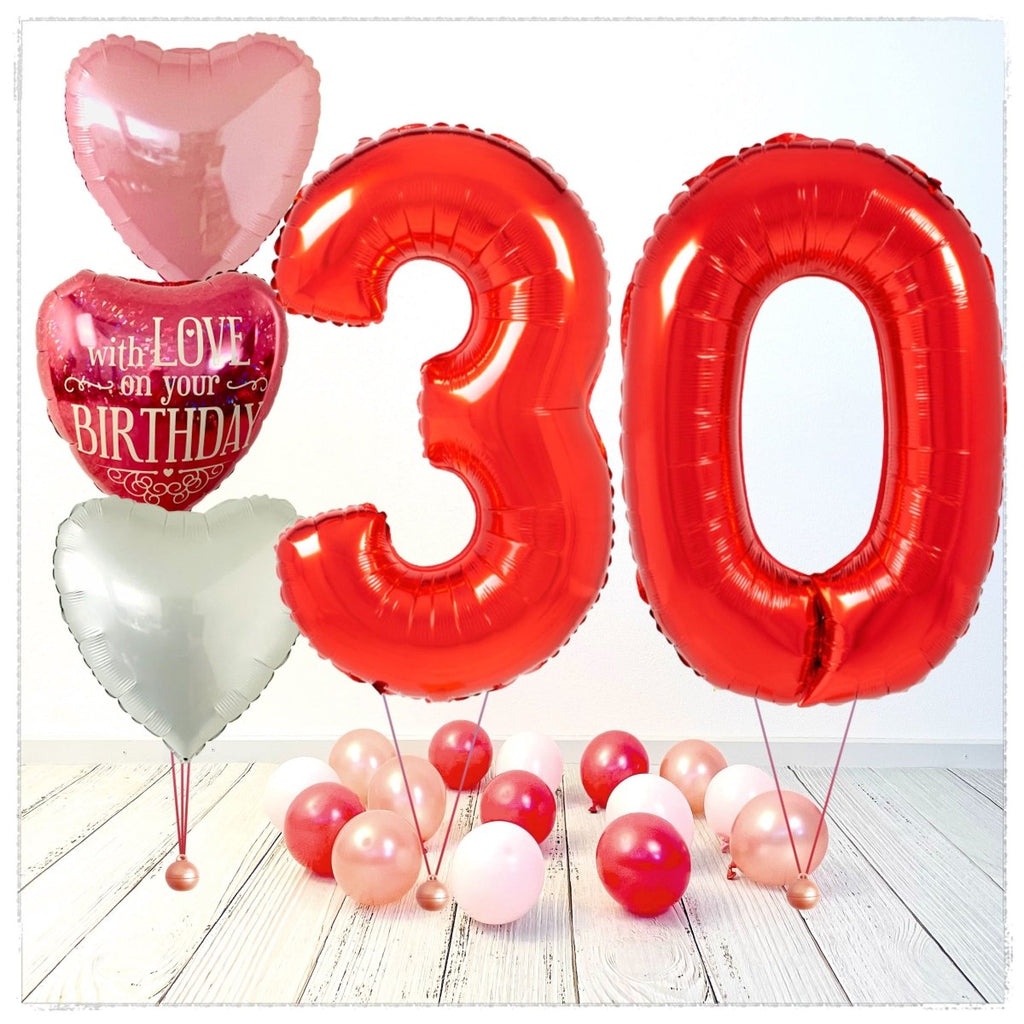 Zahlen Ballon Birthday with Love rot 30 Bouquet (mit Helium gefüllt) - Zahlen Ballon rot Bouquet