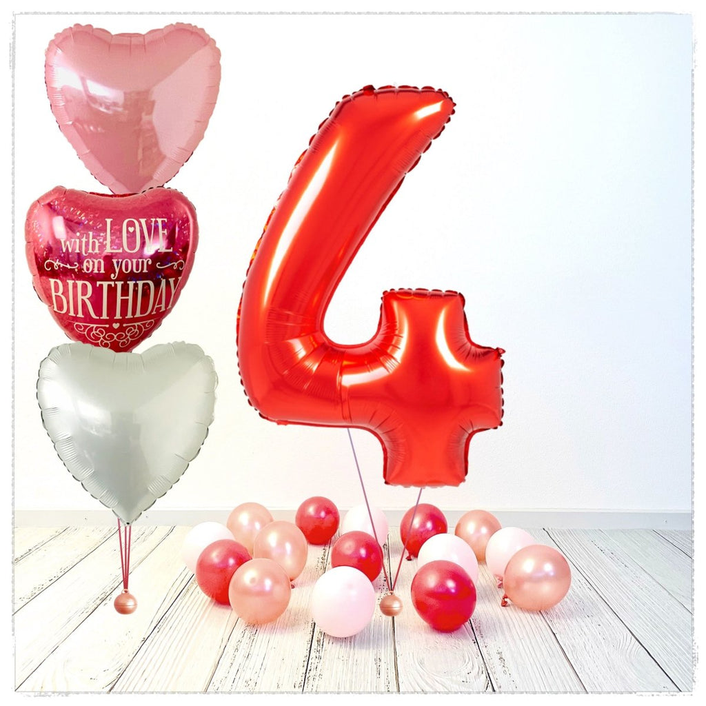 Zahlen Ballon Birthday with Love rot 4 Bouquet (mit Helium gefüllt) - Zahlen Ballon rot Bouquet
