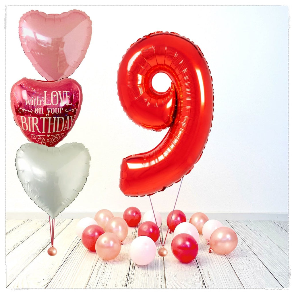 Zahlen Ballon Birthday with Love rot 9 Bouquet (mit Helium gefüllt) - Zahlen Ballon rot Bouquet