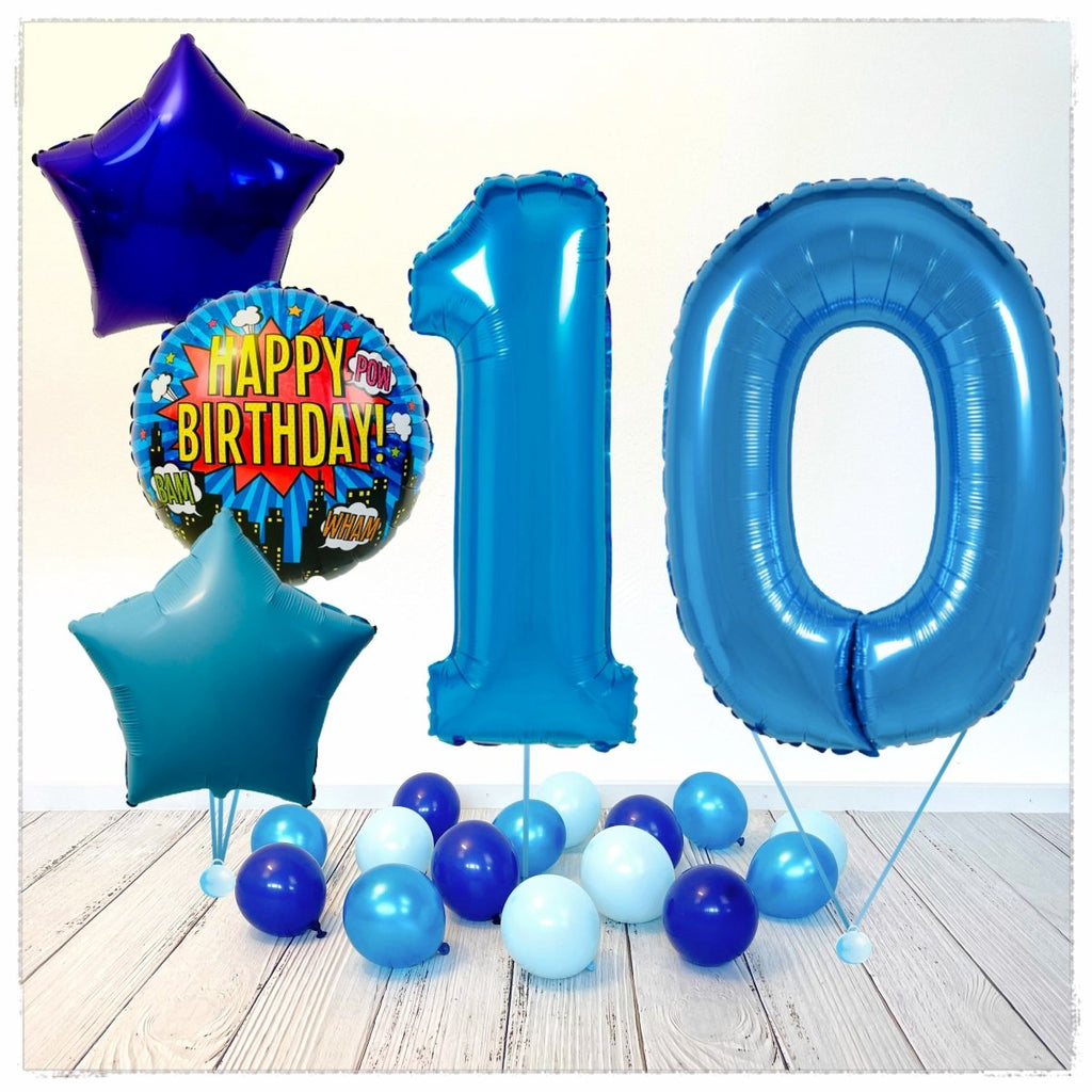 Zahlen Ballon Happy Birthday Blau 10 Bouquet (mit Helium gefüllt) - Zahlen Ballon blau Bouquet