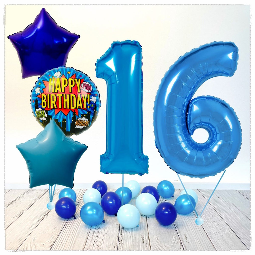 Zahlen Ballon Happy Birthday Blau 16 Bouquet (mit Helium gefüllt) - Zahlen Ballon blau Bouquet