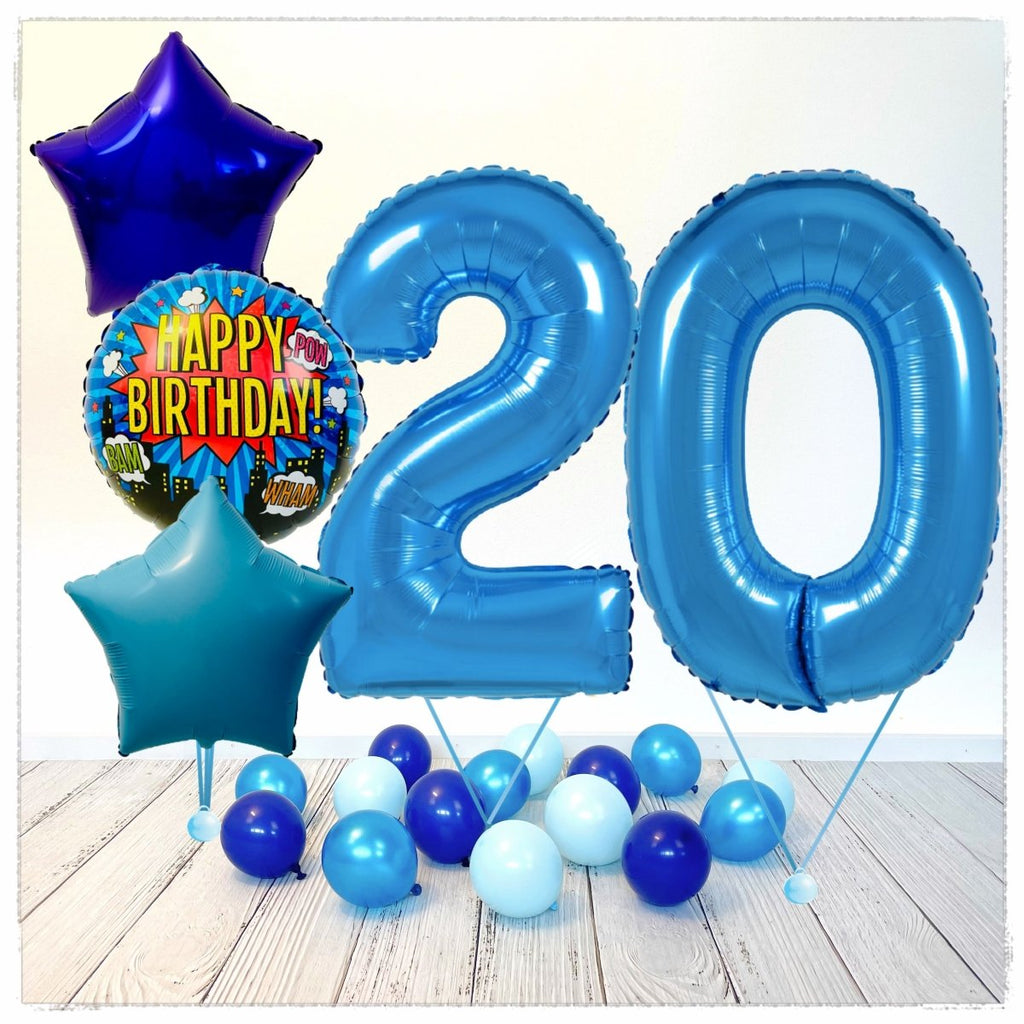 Zahlen Ballon Happy Birthday Blau 20 Bouquet (mit Helium gefüllt) - Zahlen Ballon blau Bouquet
