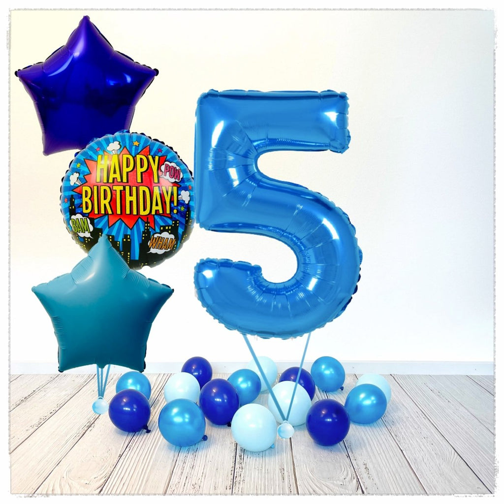 Zahlen Ballon Happy Birthday Blau 5 Bouquet (mit Helium gefüllt) - Zahlen Ballon blau Bouquet