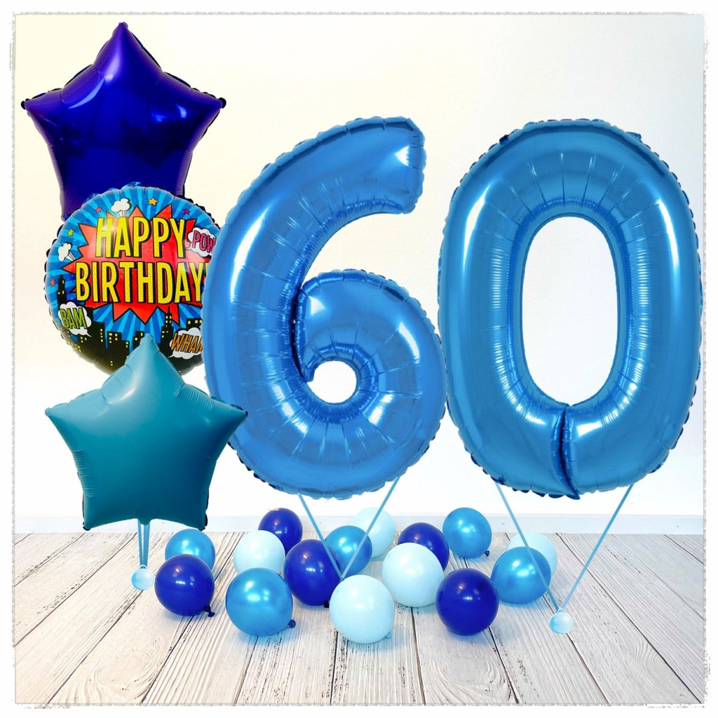 Zahlen Ballon Happy Birthday Blau 60 Bouquet (mit Helium gefüllt) - Zahlen Ballon blau Bouquet