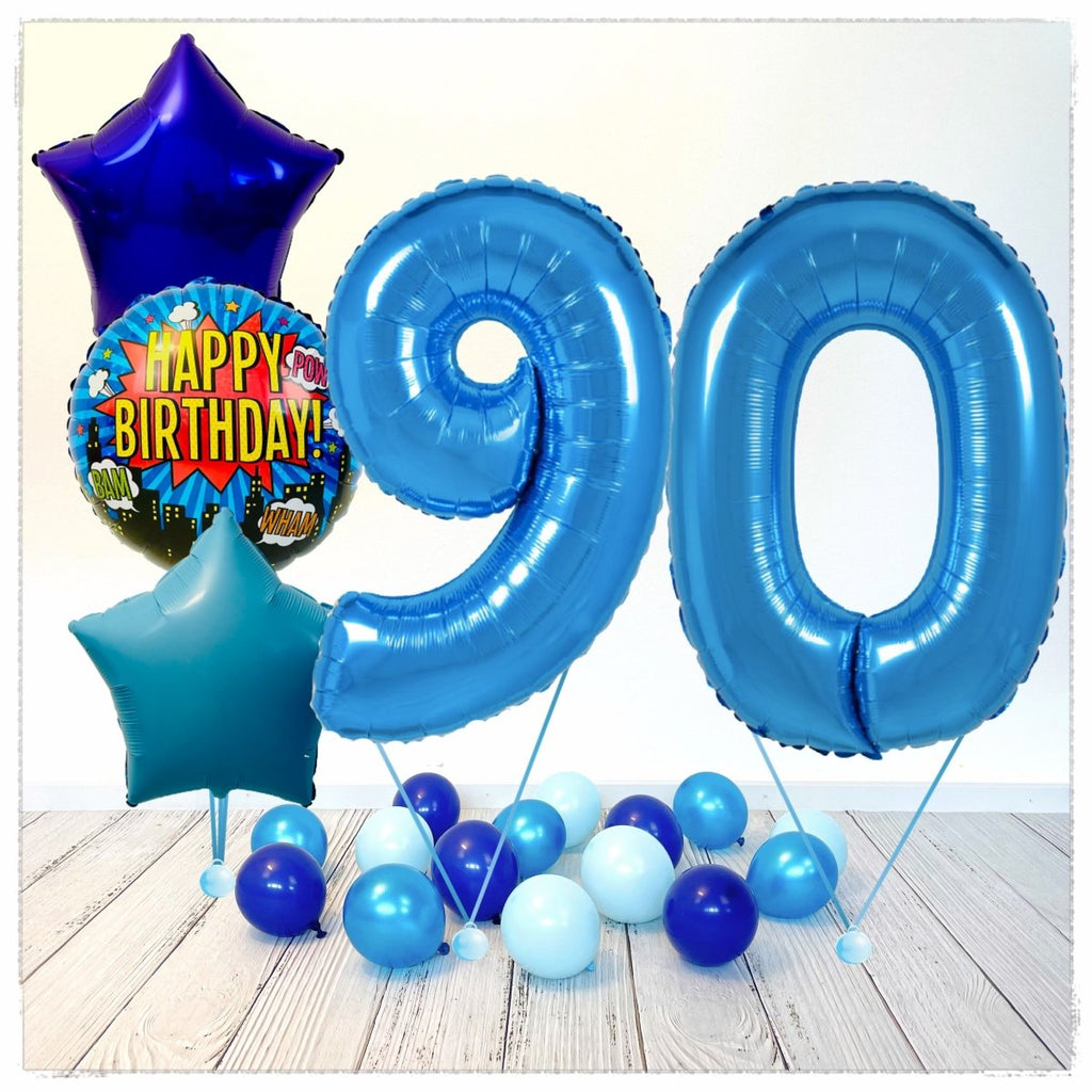 Zahlen Ballon Happy Birthday Blau 90 Bouquet (mit Helium gefüllt) - Zahlen Ballon blau Bouquet