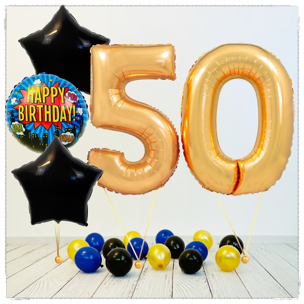 Zahlen Ballon Happy Birthday gold 50 Bouquet (mit Helium gefüllt) - Zahlen Ballon gold Bouquet