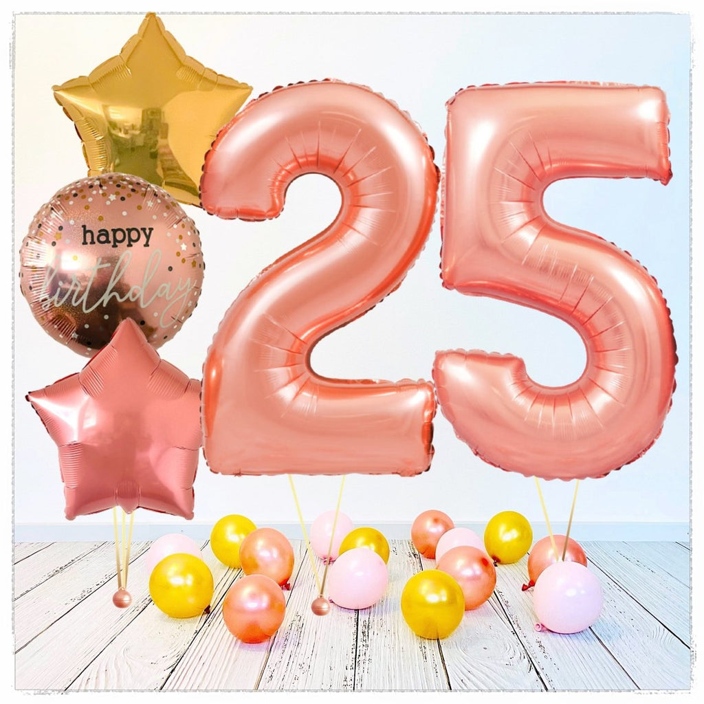Zahlen Ballon Happy Birthday Rosegold 25 Bouquet (mit Helium gefüllt) - Zahlen Ballon rosegold Bouquet