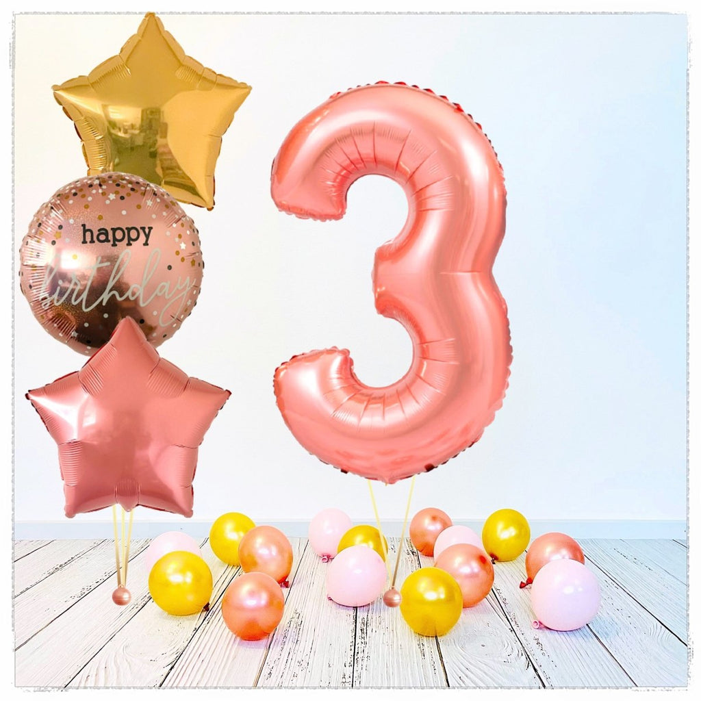 Zahlen Ballon Happy Birthday Rosegold 3 Bouquet (mit Helium gefüllt) - Zahlen Ballon rosegold Bouquet