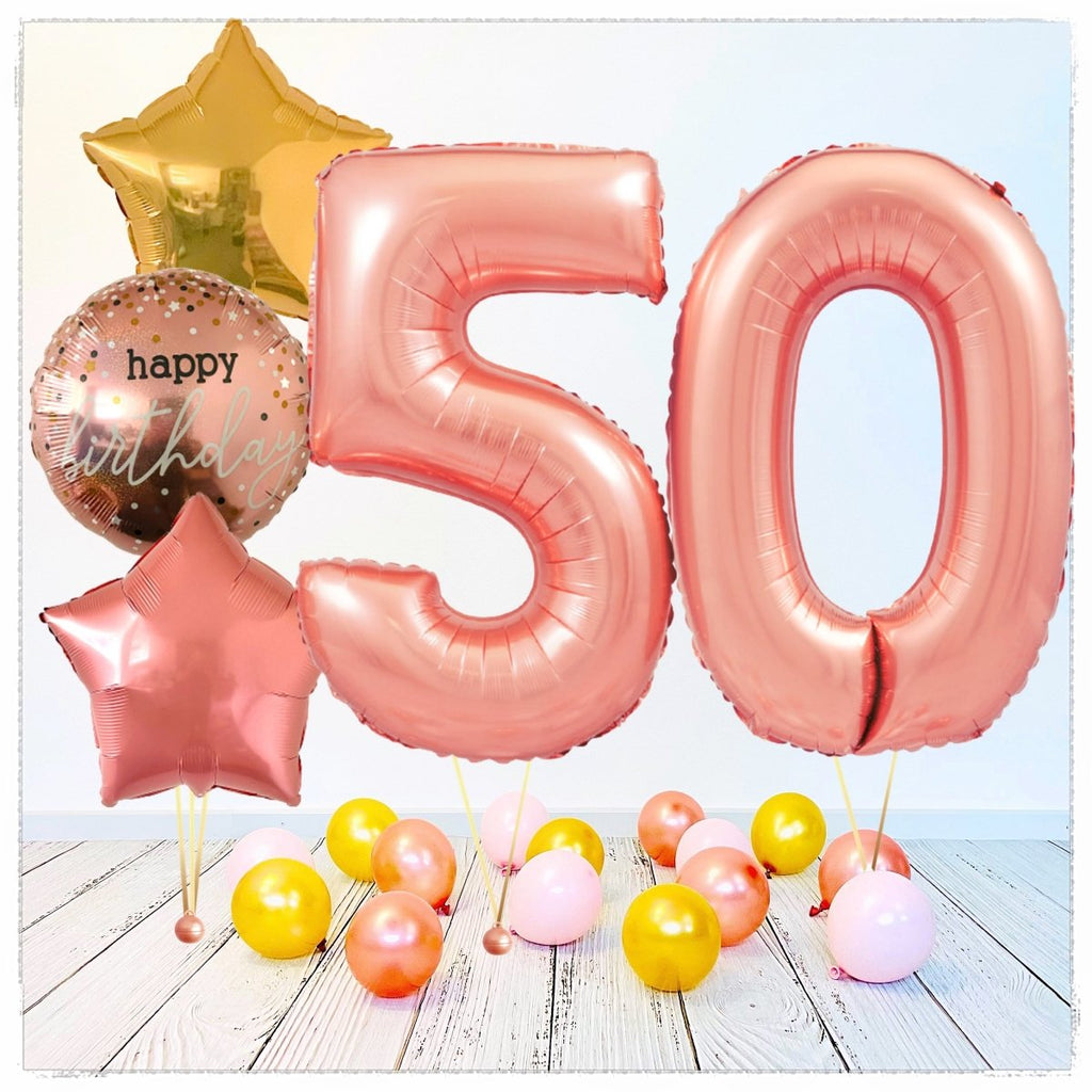 Zahlen Ballon Happy Birthday Rosegold 50 Bouquet (mit Helium gefüllt) - Zahlen Ballon rosegold Bouquet