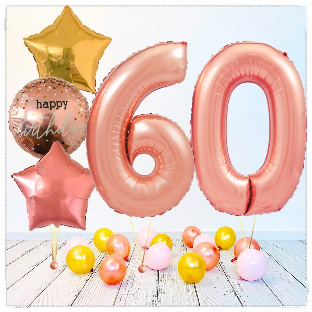 Zahlen Ballon Happy Birthday Rosegold 60 Bouquet (mit Helium gefüllt) - Zahlen Ballon rosegold Bouquet
