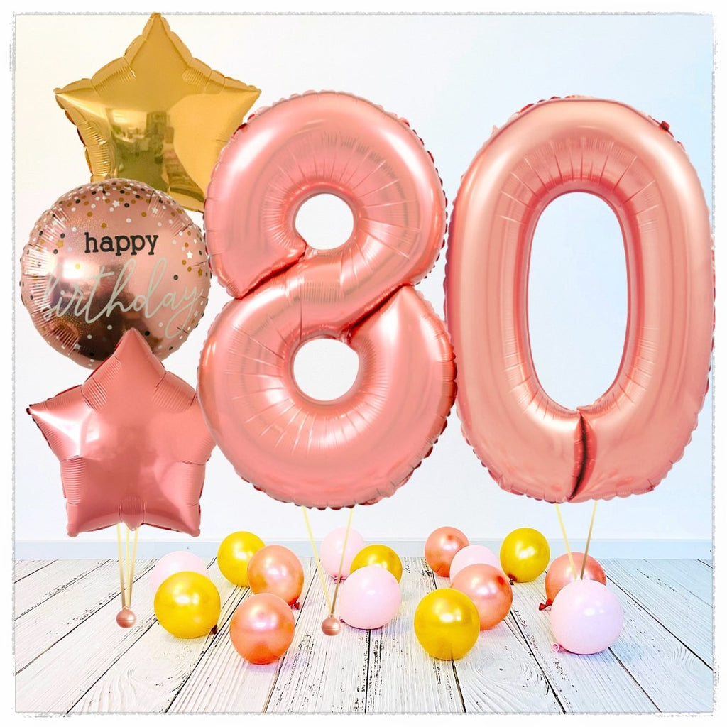 Zahlen Ballon Happy Birthday Rosegold 80 Bouquet (mit Helium gefüllt) - Zahlen Ballon rosegold Bouquet