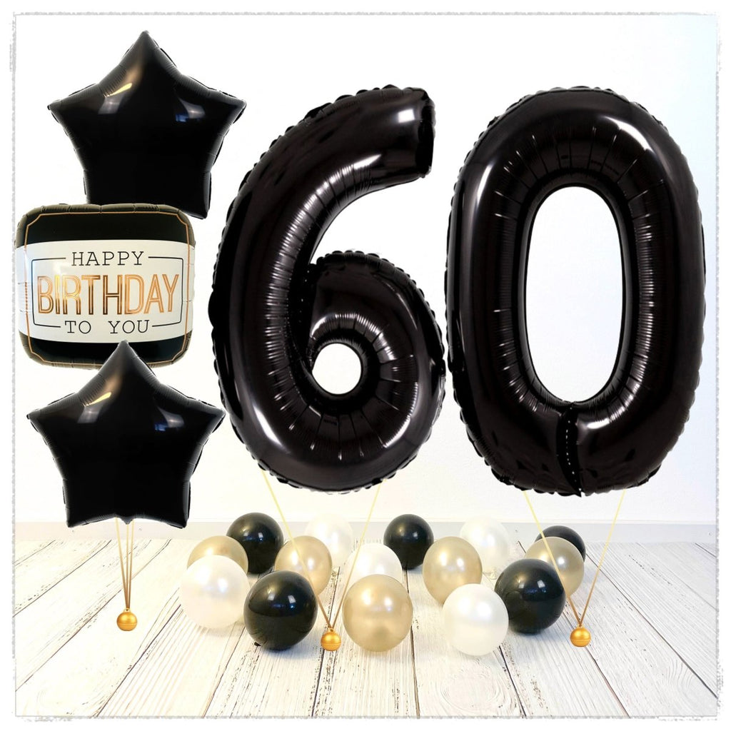 Zahlen Ballon Happy Birthday Schwarz 60 Bouquet (mit Helium gefüllt) - Zahlen Ballon schwarz Bouquet
