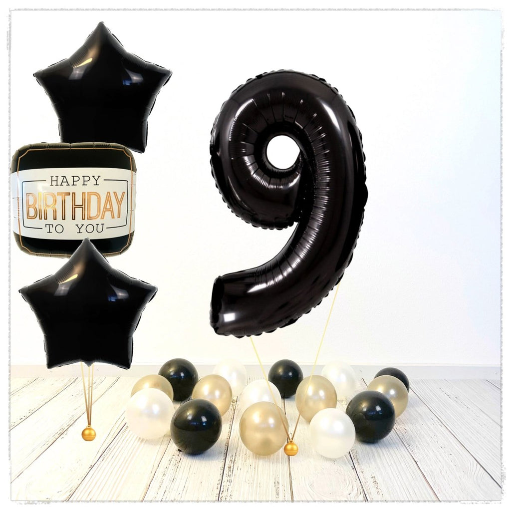 Zahlen Ballon Happy Birthday Schwarz 9 Bouquet (mit Helium gefüllt) - Zahlen Ballon schwarz Bouquet