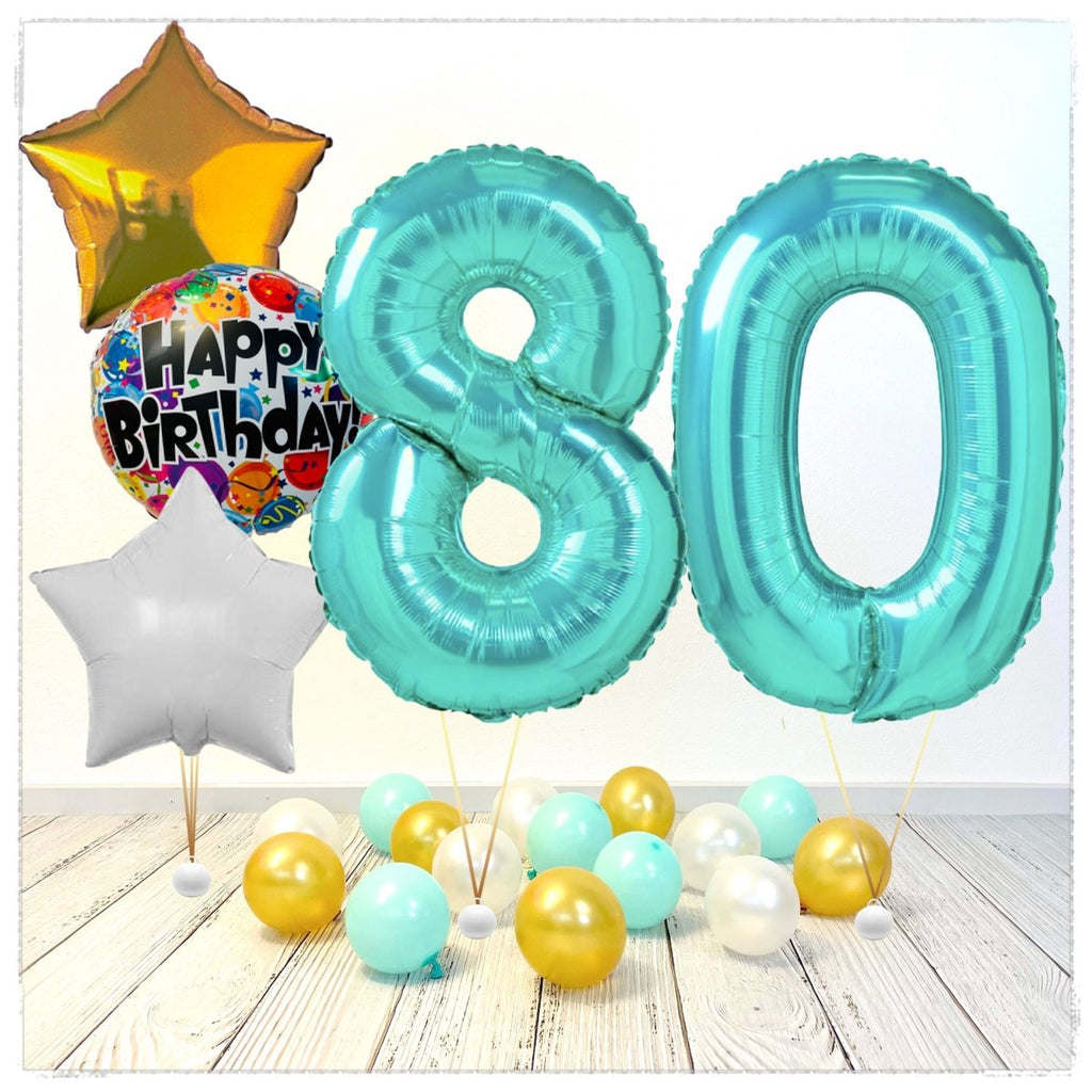 Zahlen Ballon Happy Birthday Tiffany 80 Bouquet (mit Helium gefüllt) - Zahlen Ballon tiffany Bouquet
