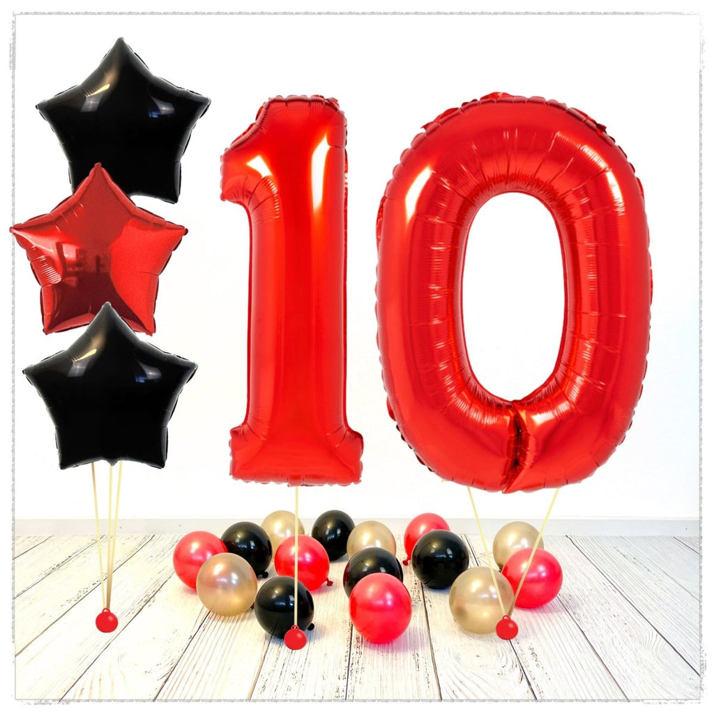 Zahlen Ballon rot Sterne 10 Bouquet (mit Helium gefüllt) - Zahlen Ballon rot Bouquet