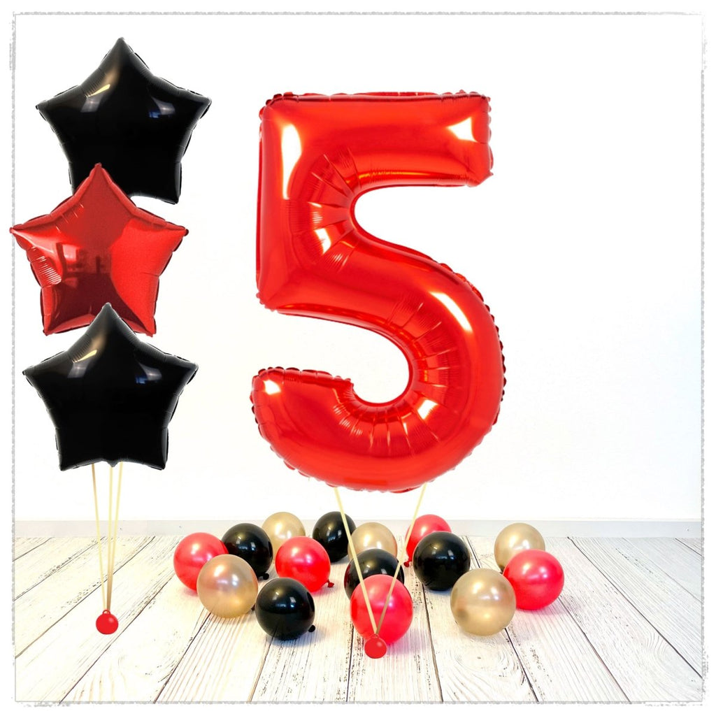 Zahlen Ballon rot Sterne 5 Bouquet (mit Helium gefüllt) - Zahlen Ballon rot Bouquet