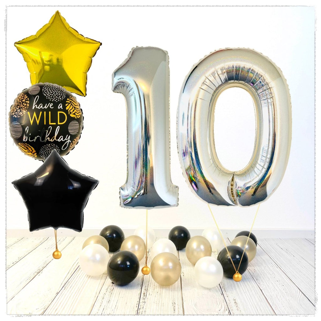 Zahlen Ballon Wild Birthday holographisch silber 10 Bouquet (mit Helium gefüllt) - Zahlen Ballon silber Bouquet