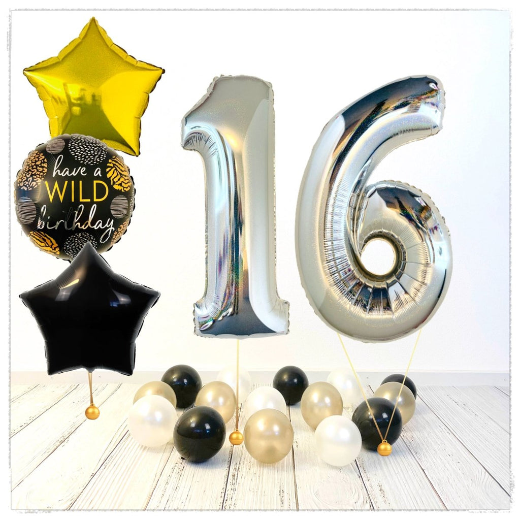 Zahlen Ballon Wild Birthday holographisch silber 16 Bouquet (mit Helium gefüllt) - Zahlen Ballon silber Bouquet