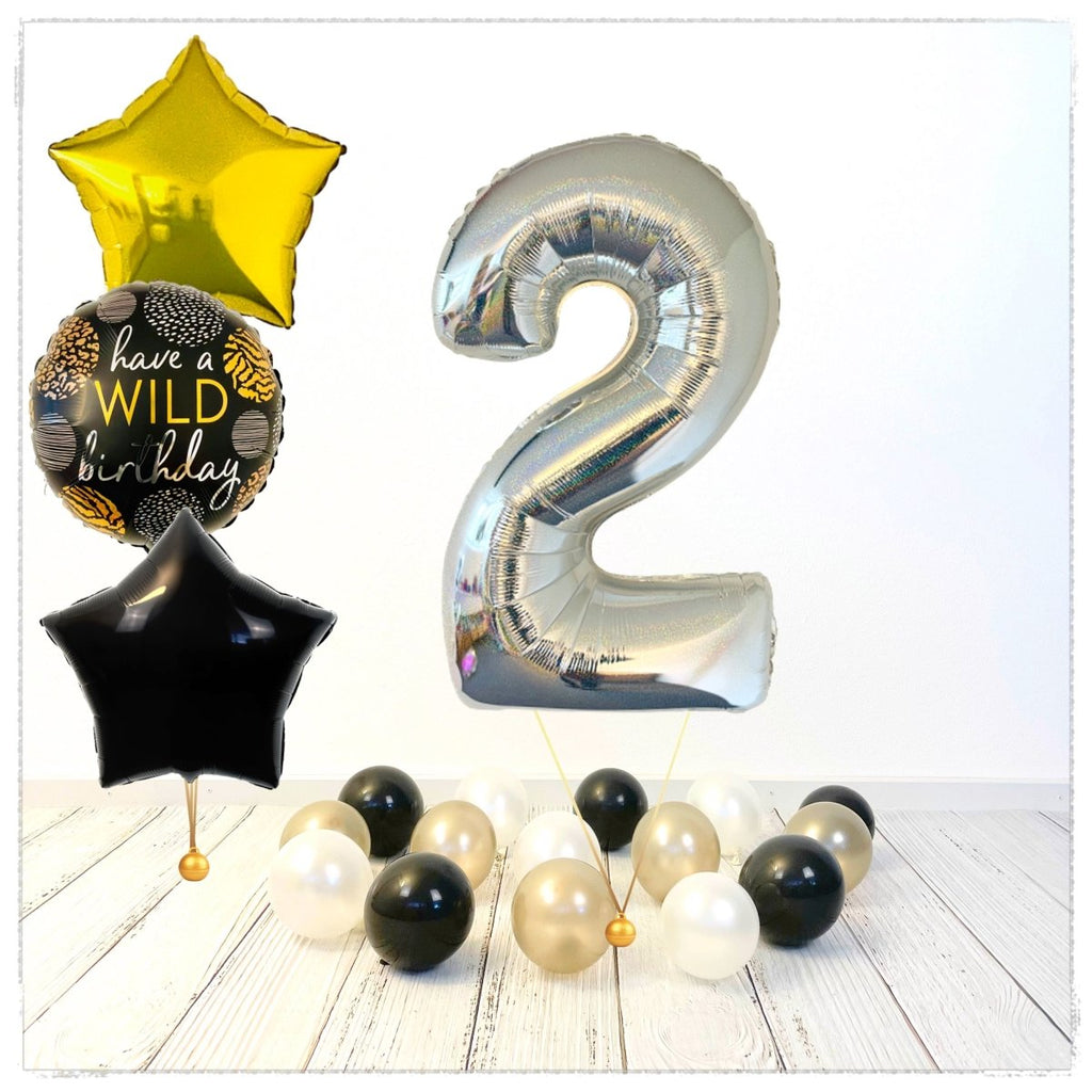Zahlen Ballon Wild Birthday holographisch silber 2 Bouquet (mit Helium gefüllt) - Zahlen Ballon silber Bouquet