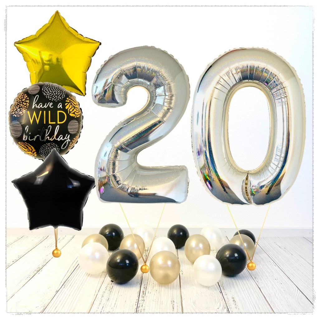 Zahlen Ballon Wild Birthday holographisch silber 20 Bouquet (mit Helium gefüllt) - Zahlen Ballon silber Bouquet