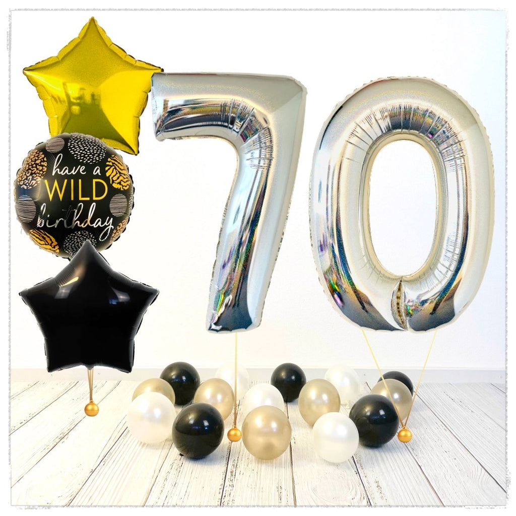 Zahlen Ballon Wild Birthday holographisch silber 70 Bouquet (mit Helium gefüllt) - Zahlen Ballon silber Bouquet