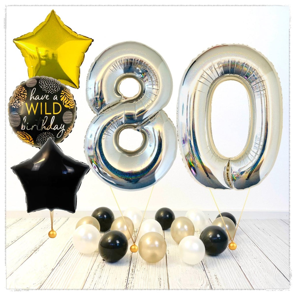 Zahlen Ballon Wild Birthday holographisch silber 80 Bouquet (mit Helium gefüllt) - Zahlen Ballon silber Bouquet