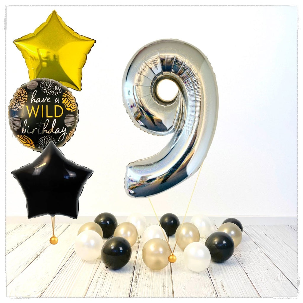 Zahlen Ballon Wild Birthday holographisch silber 9 Bouquet (mit Helium gefüllt) - Zahlen Ballon silber Bouquet